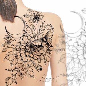 May include: Black and white line art tattoo design featuring a crescent moon, butterfly, and floral bouquet. The design is perfect for a back tattoo.