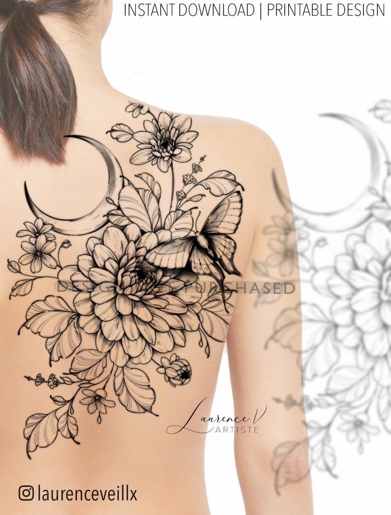 May include: Black and white line art tattoo design featuring a crescent moon, butterfly, and floral bouquet. The design is perfect for a back tattoo.