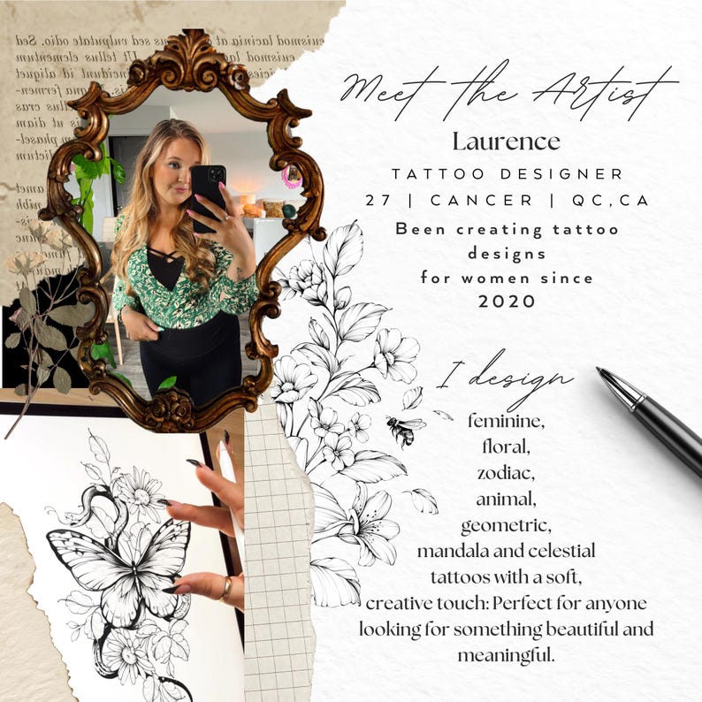 Pode incluir: Um gr&aacute;fico promocional com um espelho dourado ornamentado refletindo uma pessoa, uma caneta preta e um desenho de linhas em preto e branco de uma borboleta e flores. O texto inclui Meet the Artist, Laurence, Tattoo Designer e categorias.