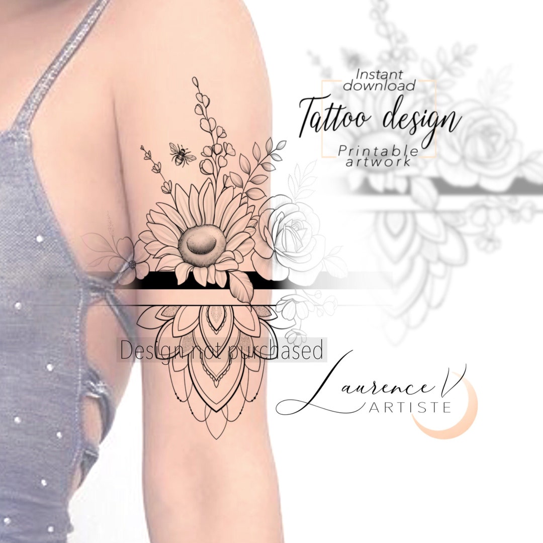 tattoo-design-instant-download-sunflower-and-bee-bracelet-printable-tattoo-stencil-etsy