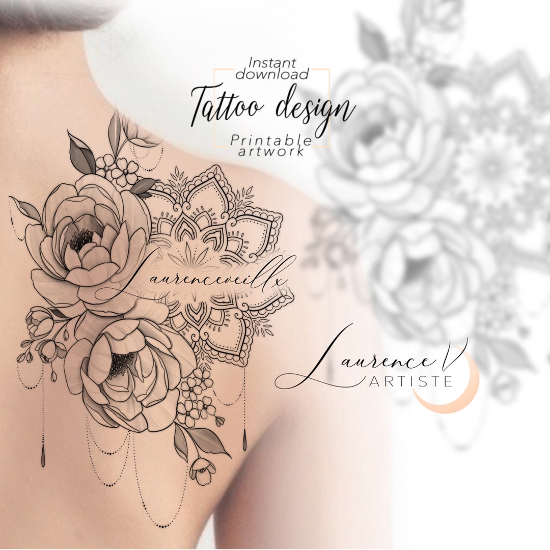 Tattoo Design | Instant Download | Peonies and Mandala