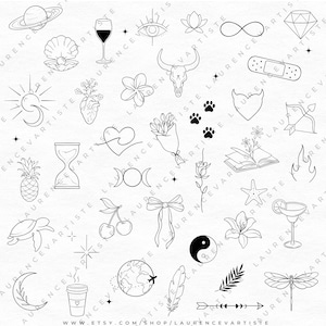 May include: A series of black and white line art illustrations. The designs include a planet, seashell, wine glass, eye, lotus flower, infinity symbol, diamond, sun, heart, bouquet of flowers, and other decorative elements.