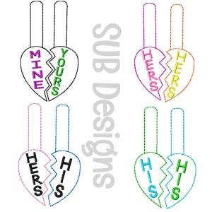 May include: Two halves of a heart-shaped keychain with the words "MINE" and "YOURS" on them. The keychains are in pink and green. There are also two other sets of keychains with the words "HERS" and "HIS" in different colours.
