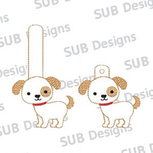 Puppy snap tab design in the hoop embroidery embroider keychain keyfob key chain fob dog small big white brown spot spotted spots doggy pet