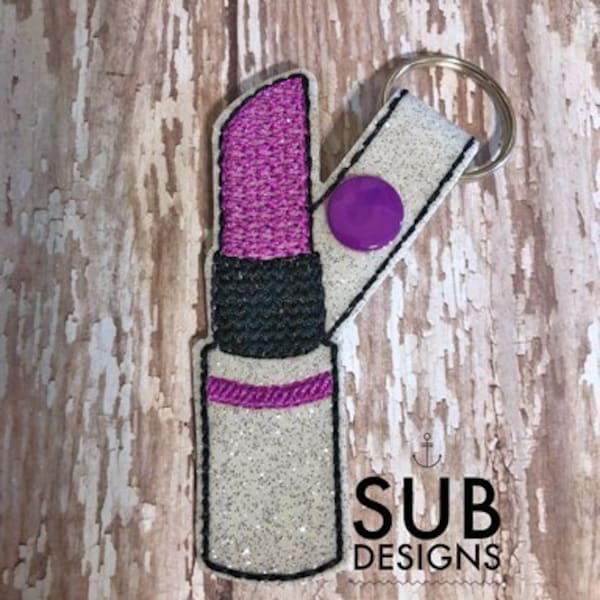 Lipstick snap tab design in the hoop embroidery embroider keychain keyfob key chain fob lip stick makeup gloss chapstick balm pink girl
