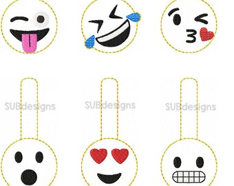 SET of 6 Emoji snap tab design in the hoop embroidery keychain keyfob key chain fob smile smiling laugh face laughing wink tabs cry crying