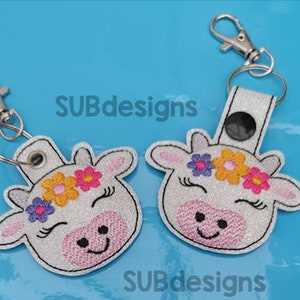 Cow flowers eyelash crown snap tab design in the hoop embroidery embroider keychain keyfob key chain fob vinyl small big spot spotted spots