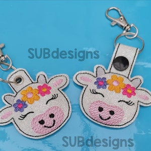 Cow flowers eyelash crown snap tab design in the hoop embroidery embroider keychain keyfob key chain fob vinyl small big spot spotted spots