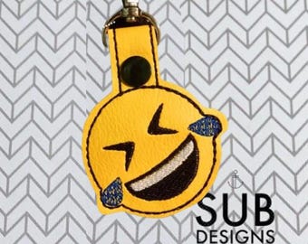 Emoji laughing crying snap tab design in the hoop embroidery embroider keychain keyfob key chain fob symbol smile smiling laugh face cry