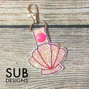 Seashell sea shell snap tab design in the hoop embroidery embroider keychain keyfob key chain fob ocean water nautical shells seashells girl