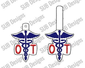 Occupational Therapist OT medical staff snap tab design in the hoop embroidery embroider keychain keyfob key fob symbol nurse doctor rn lpn