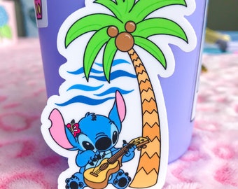 Pegatina Disney de cachorro hawaiano / Playa con palmeras Vinilo impermeable