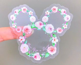 Pegatina de corona floral de Minnie / Pegatina para portátil con lazo rosa de Disney