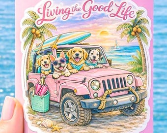 Pegatina para Jeep con diseño de perro en la playa / Vinilo impermeable rosa con ambiente playero costero de 7,6 cm (3 pulgadas)