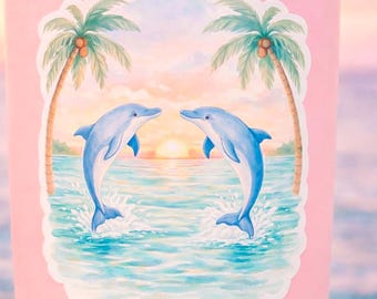 Pegatina de delfín estilo preppy, calcomanía de delfín al atardecer costero, pegatina de verano de Palm Beach, regalo para amantes de la playa, pegatina de vinilo del océano, lindo delfín