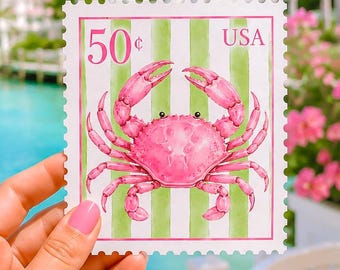 Pink Crab Stamp Sticker, Palm Beach Crab Decal  Coastal Crab Sticker, Beach Lover Gift, Vintage Postage Stamp Sticker, Preppy