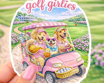 Pegatina Golf Girlies / Calcomanía para carrito de golf con perros preppy en rosa