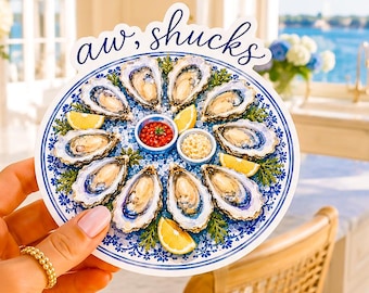 aw, shucks Sticker | Oyster Lover Vinyl Decal | Coastal Kitchen Decor Sticker | Nantucket Oyster Art | Preppy Coastal Gift | Seafood Lover
