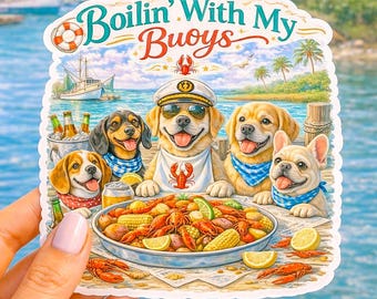 Pegatina Dogs Crawfish Boil / Calcomanía Boilin’ With My Buoys / Vinilo costero del sur (3 pulgadas)