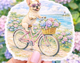 Pegatina de Bulldog Francés con Hortensias / Calcomanía de Perro Estilo Preppy Costero de Nantucket