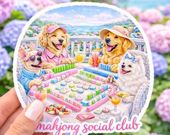 Pegatina del Club Social de Mahjong / Perros jugando al Mahjong, calcomanía estilo preppy costero