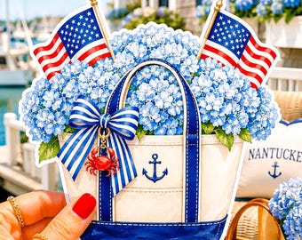 Patriotic Hydrangea Boat Tote Sticker | Coastal Americana Vinyl Decal | Nantucket Summer Sticker | Preppy Hydrangea Tote | Fourth of July