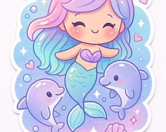 Mermaid Pastel Color Dolphins Cute Girls Sticker Kawaii Vinyl Decal