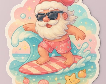 Adhesivo navideño de Papá Noel en la playa / Vinilo decorativo tropical para vacaciones / Lindo Papá Noel kawaii pastel en la playa / Adhesivo navideño divertido para la playa de Florida
