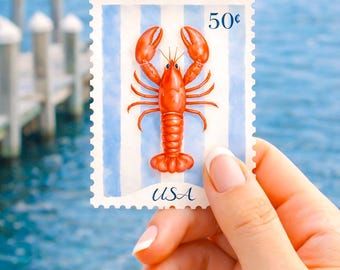 Pegatina con sello de langosta, estética costera preppy, pegatina de rayas de cabaña azul, estilo Nantucket Palm Beach, calcomanía de vinilo, nieta costera