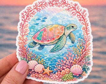Pegatina de tortuga marina estilo preppy costero, calcomanía de tortuga de arrecife de coral, pegatina estética de Palm Beach, pegatina de vinilo oceánica, regalo para amantes de la playa, náutico