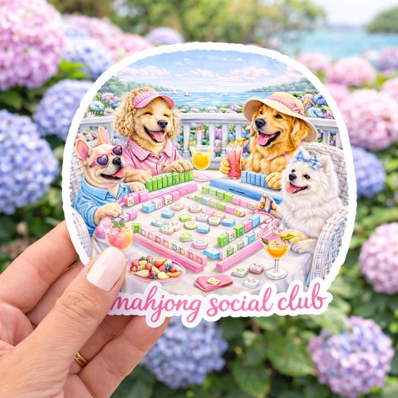 Mahjong Social Club Sticker | Dogs Playing Mahjong, Coastal Preppy Decal image 5