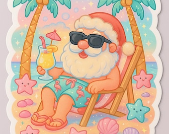 Adhesivo navideño de Papá Noel en la playa / Vinilo decorativo tropical para vacaciones / Lindo Papá Noel kawaii pastel en la playa / Adhesivo navideño divertido para la playa de Florida