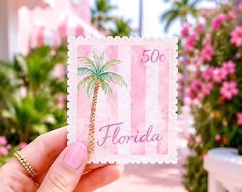 Florida Stamp Sticker, Palm Tree Cabana Stripe Decal, Palm Beach Aesthetic Vinyl Sticker, Pink Preppy Coastal Watercolor Sticker