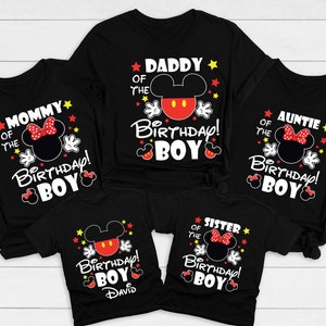 May include: Black t-shirts with Mickey and Minnie Mouse designs. The shirts have text that says "Mommy of the Birthday Boy", "Daddy of the Birthday Boy", "Auntie of the Birthday Boy", "Birthday Boy David", and "Sister of the Birthday Boy".