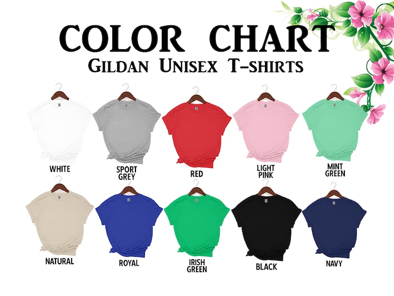 以下が含まれることがあります： GildanユニセックスTシャツの色見本。白、スポーツグレー、赤、ライトピンク、ミントグリーン、ナチュラル、ロイヤルブルー、アイリッシュグリーン、黒、ネイビーなど、さまざまな色があります。各シャツはハンガーに掛けられています。