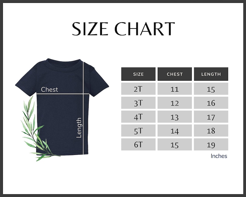 K&ouml;nnte beinhalten: Ein marineblaues T-Shirt mit einer Gr&ouml;&szlig;entabelle. Die Tabelle zeigt Brust- und L&auml;ngenma&szlig;e in Zoll f&uuml;r die Gr&ouml;&szlig;en 2T bis 6T. Der Text "SIZE CHART" steht oben.