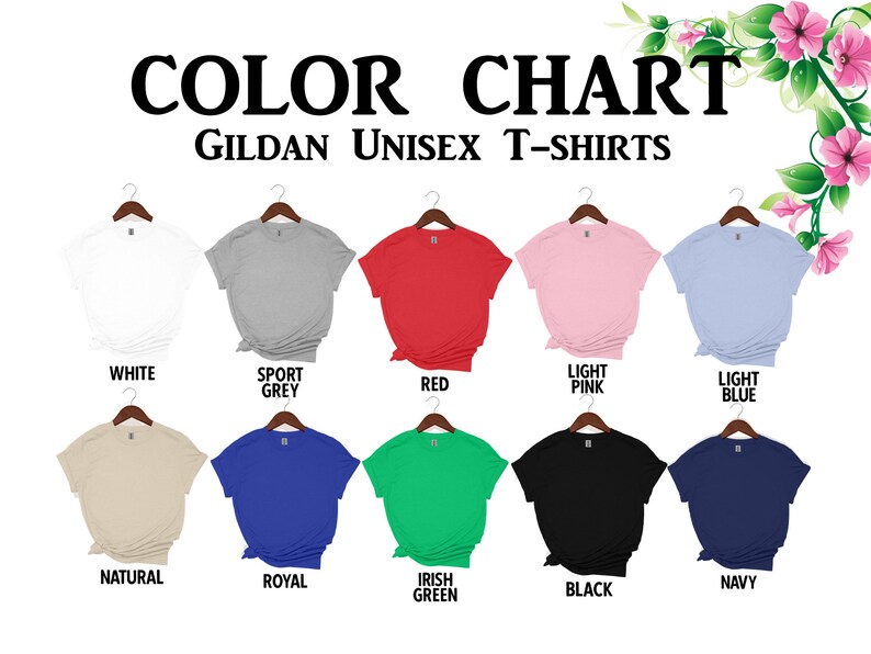 K&ouml;nnte beinhalten: Farbkarte mit Gildan Unisex-T-Shirts in verschiedenen Farben, darunter Wei&szlig;, Sportgrau, Rot, Hellrosa, Hellblau, Natur, Royal, Irish Green, Schwarz und Marine. Jedes T-Shirt wird auf einem Kleiderb&uuml;gel pr&auml;sentiert.