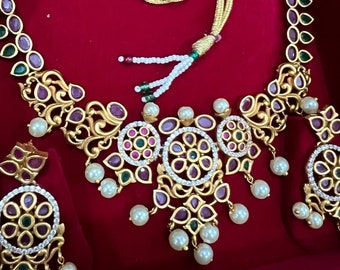 Indian necklace and earrings set/ Ruby red and green stones with pearls / Free Shipping in US