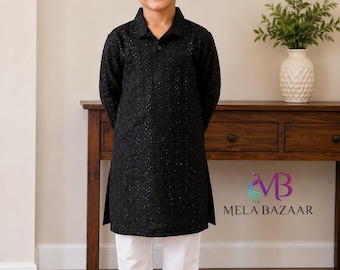 Soft Rayon Boys Kurta Pajama Set in Black / Hakoba Embroidered with Sequins / Ships from Ohio