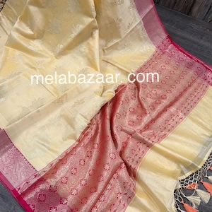 Cream Banarsi Cotton Silk Saree / Vegan Saree /Free Shipping In US