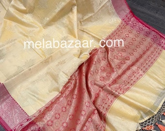 Cream Banarsi Cotton Silk Saree / Vegan Saree /Free Shipping In US