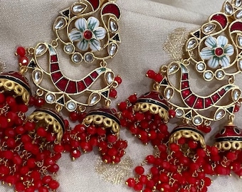 Kundan, Meenakari and Pearls Chandbali Jhumka/ Red and gold Earrings