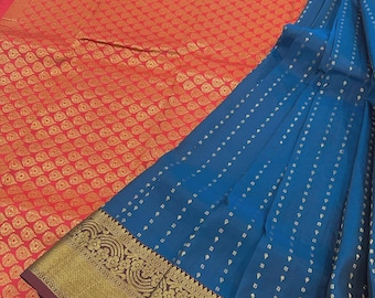 Pure Silk Kanjivaram Red and Blue Saree / SILK MARK /Free Shipping In US