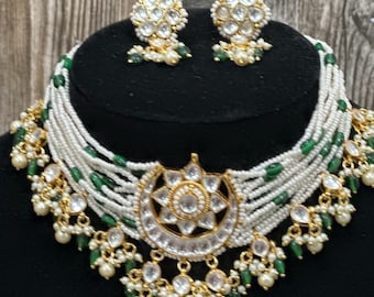Pearls and Pachi Kundan Choker Necklace and Earrings / Free Shipping in US