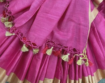 Solid Pink Cotton Linen Saree / Ships from Ohio