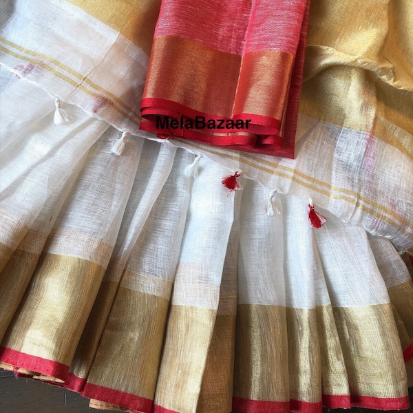 Weiß und Rot Reine Leinen Saree mit Zari Borte / Schiffe aus Ohio