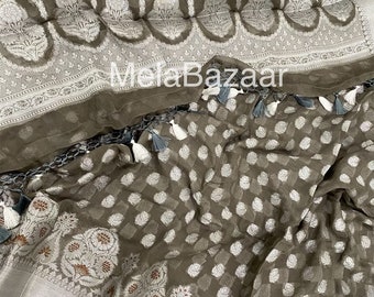 Banarsi Pure Chiffon Gray Saree / Silver Zari/ Free Shipping in US