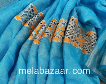 Blue Pure Linen Cutwork Saree /  /Free Shipping In US