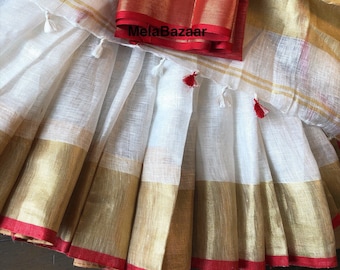 White and Red Pure Linen Saree with Zari Border /Ships from Ohio
