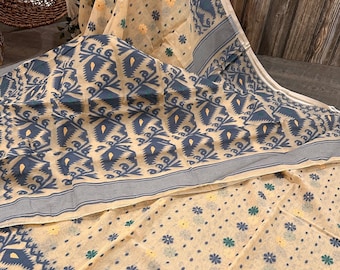 Beige and Blue Jamdani Saree / Fall Attached/ Free Shipping in US